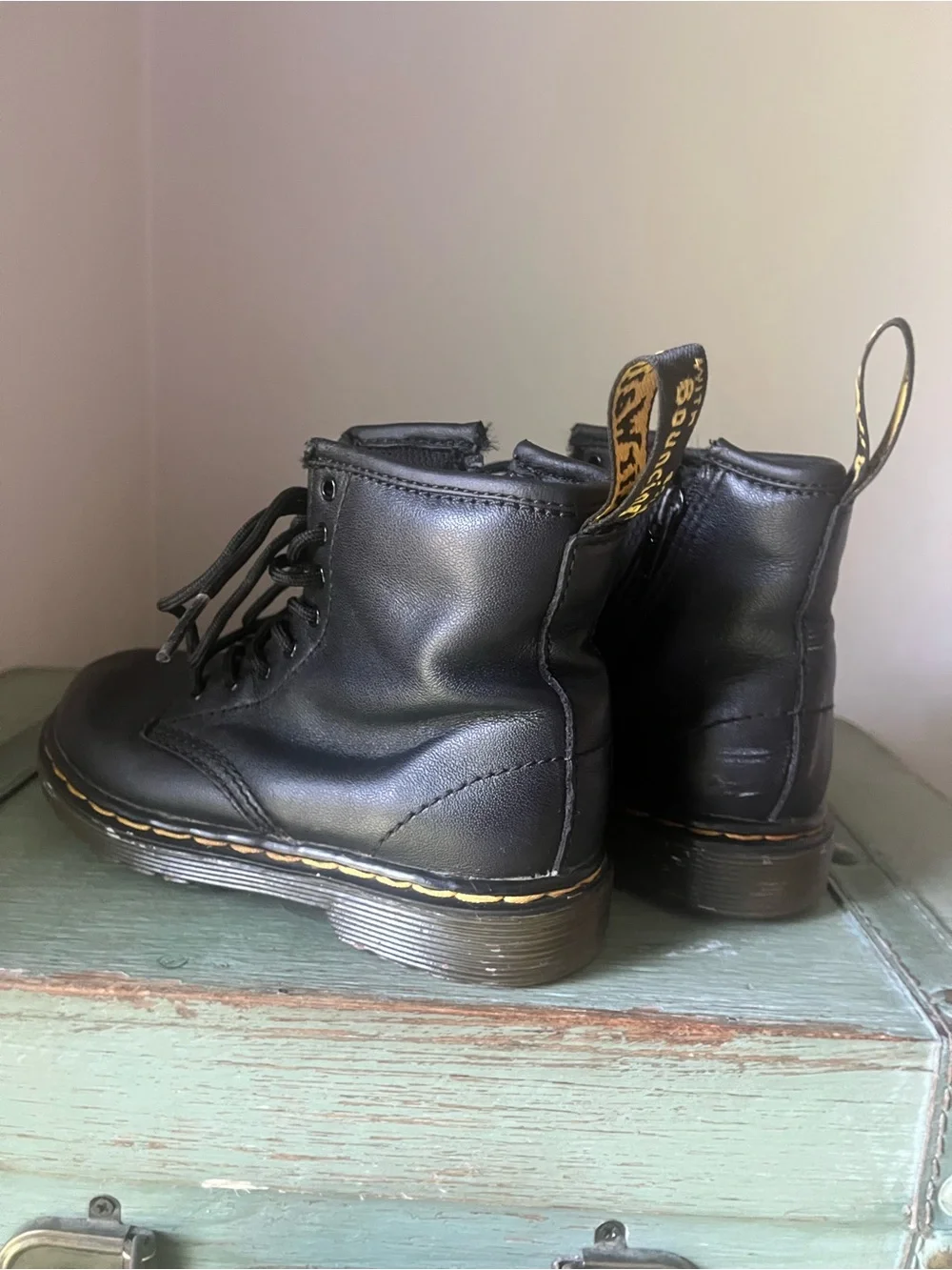 Dr. Martens Junior Kids Black Leather Lace-Up Boots with Yellow Stitching